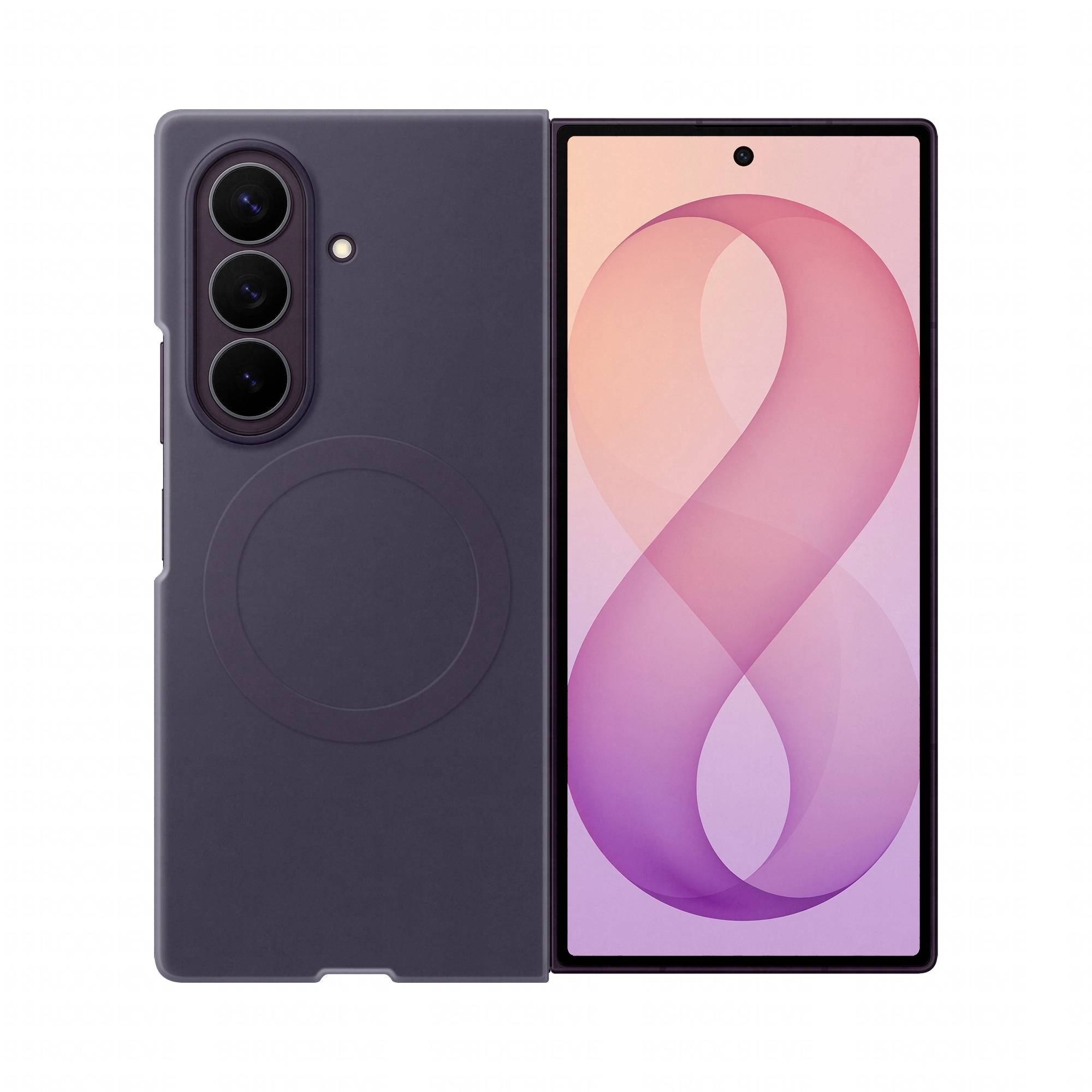Zusammenklappbares Smartphone, vorne und hinten gezeigt, mit dunkler violetter Hülle mit kreisförmigem MagSafe-ähnlichem Ring und dreifacher Rückkamera; der Bildschirm zeigt ein rosa-violettes abstraktes Hintergrundbild.