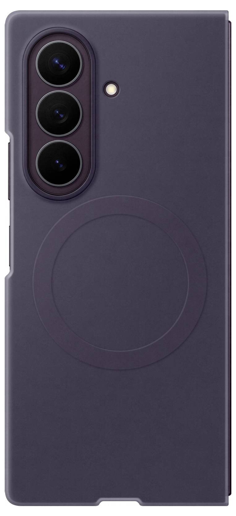 Rückansicht eines violetten Smartphone-Schutzetuis mit dreifacher Kameraöffnung und zirkulärem kabellosem Ladesystem-Design.