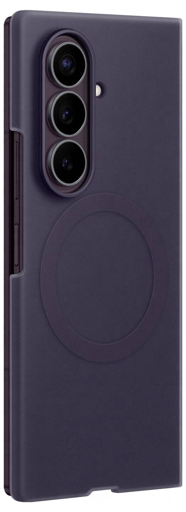 Violettes Smartphone-Gehäuse mit dreifachen rückseitigen Kameraausschnitten und großem kreisförmigem Magnetladegerät-Ringdesign
