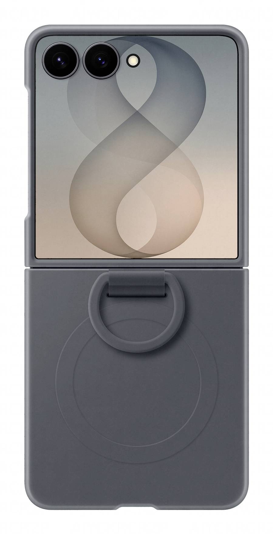 Aufklappbares Smartphone in Dunkelgrau mit dualen rückseitigen Kameras und einem runden Ring-Zubehör auf der Rückseite.