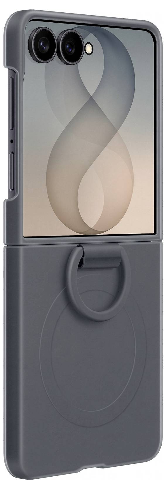 Graues Smartphone-Case mit einem kreisförmigen MagSafe-ähnlichen Ring und erhöhtem Dual-Kamera-Ausschnitt, dargestellt in einer Produktabbildung von vorne.