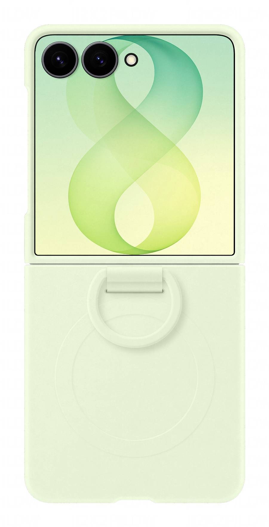 Faltbares Smartphone in zartem Grün, teilweise geöffnet in einer L-Form, zeigt zwei rückseitige Kameras, einen kleinen Displayschutz und einen stilisierten grünen Farbverlauf-Hintergrundbild.