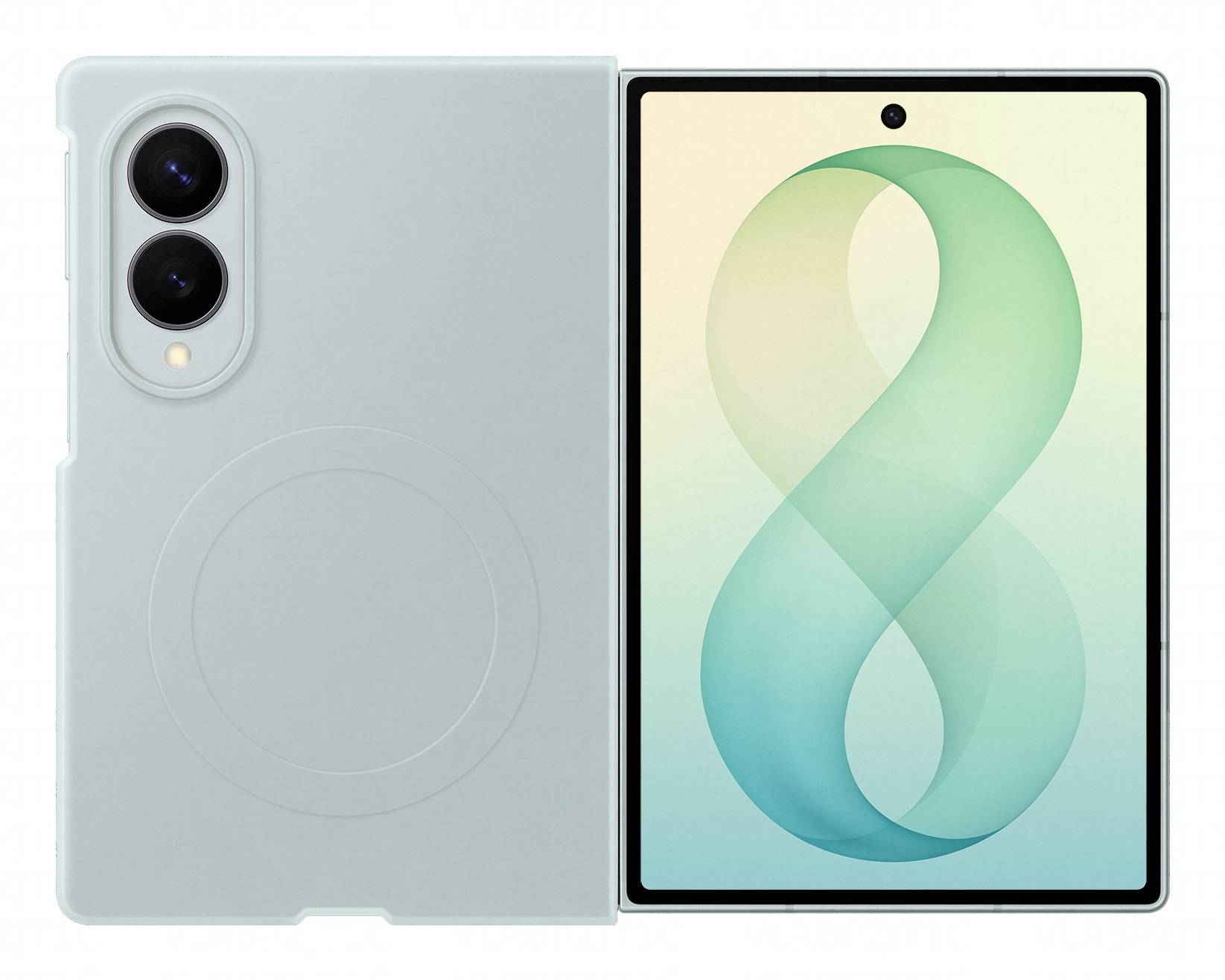 Hellblues faltbares Smartphone, aufgeklappt gezeigt, mit dualen Rückkameras auf der linken Hälfte und einem großen inneren Display, das eine türkisgrüne unendlichkeitsförmige Grafik anzeigt.