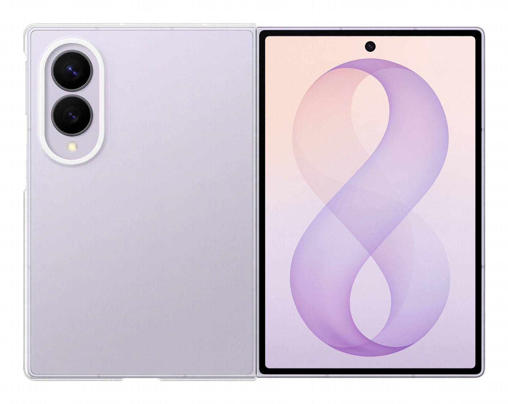 Ein aufklappbares Lavendel-Smartphone, das offen gezeigt wird, mit Doppelkameras auf der Rückseite des linken Panels und einem hellrosa Display, das eine große violette bandähnliche „8