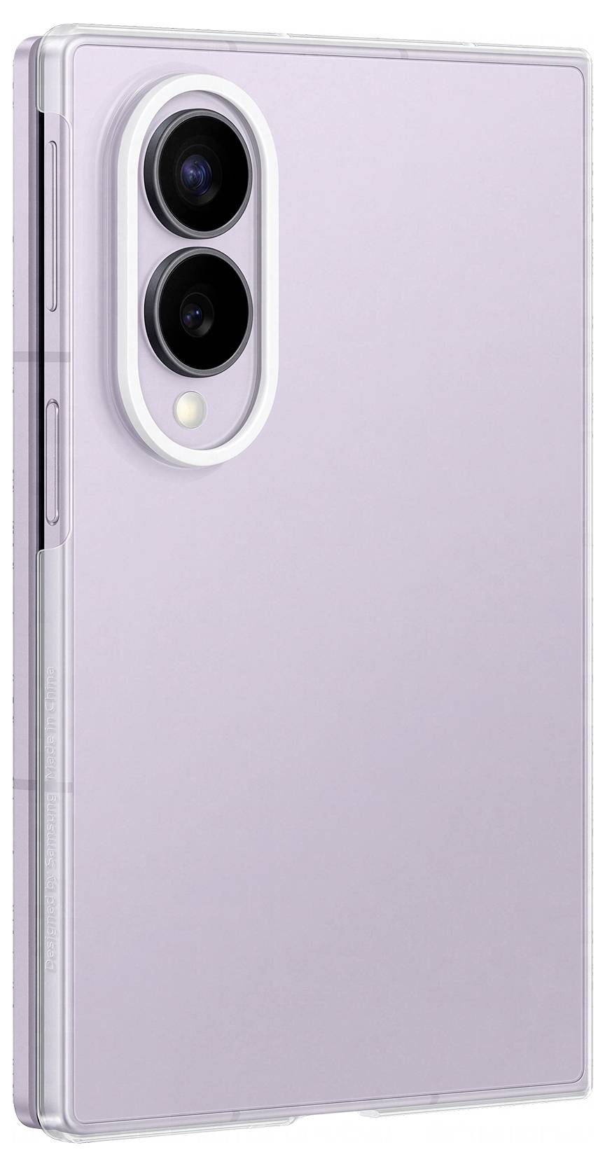 Rückansicht eines hellvioletten faltbaren Smartphones mit dualen Rückkameras und einem kleinen Blitz oben links.