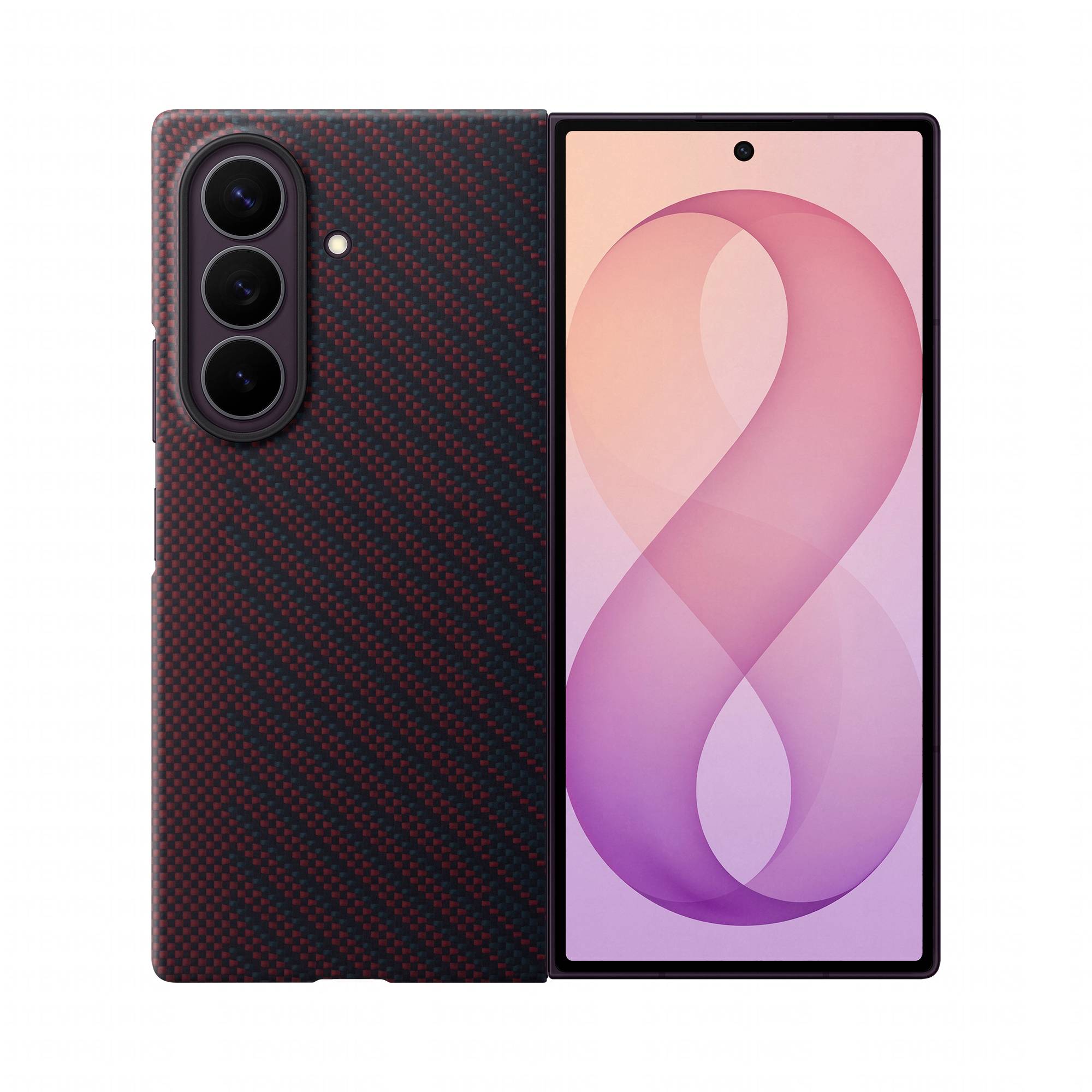 Smartphone von vorne und hinten gezeigt: Vorderes Display mit rosa-violettem abstraktem Hintergrundbild und zentrierter Lochkamera; die Rückseite hat eine rot-schwarze strukturierte Hülle und dreifache hintere Kameras.