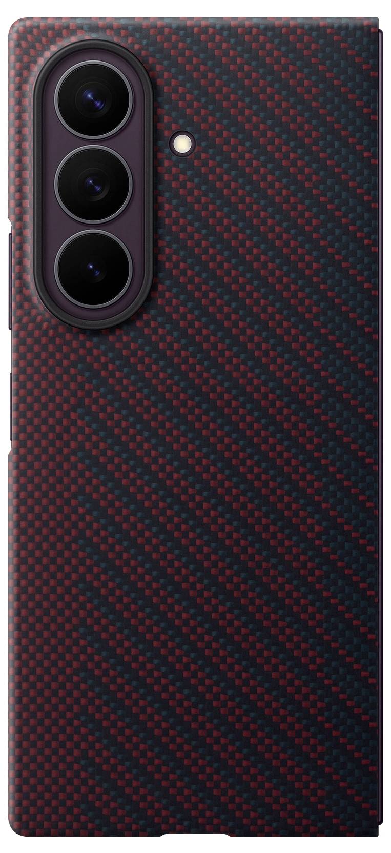 Rückseite eines Smartphones mit einer rot-schwarzen strukturierten Schutzhülle und drei vertikal angeordneten Rückkameras, plus einem kleinen Blitzlicht.