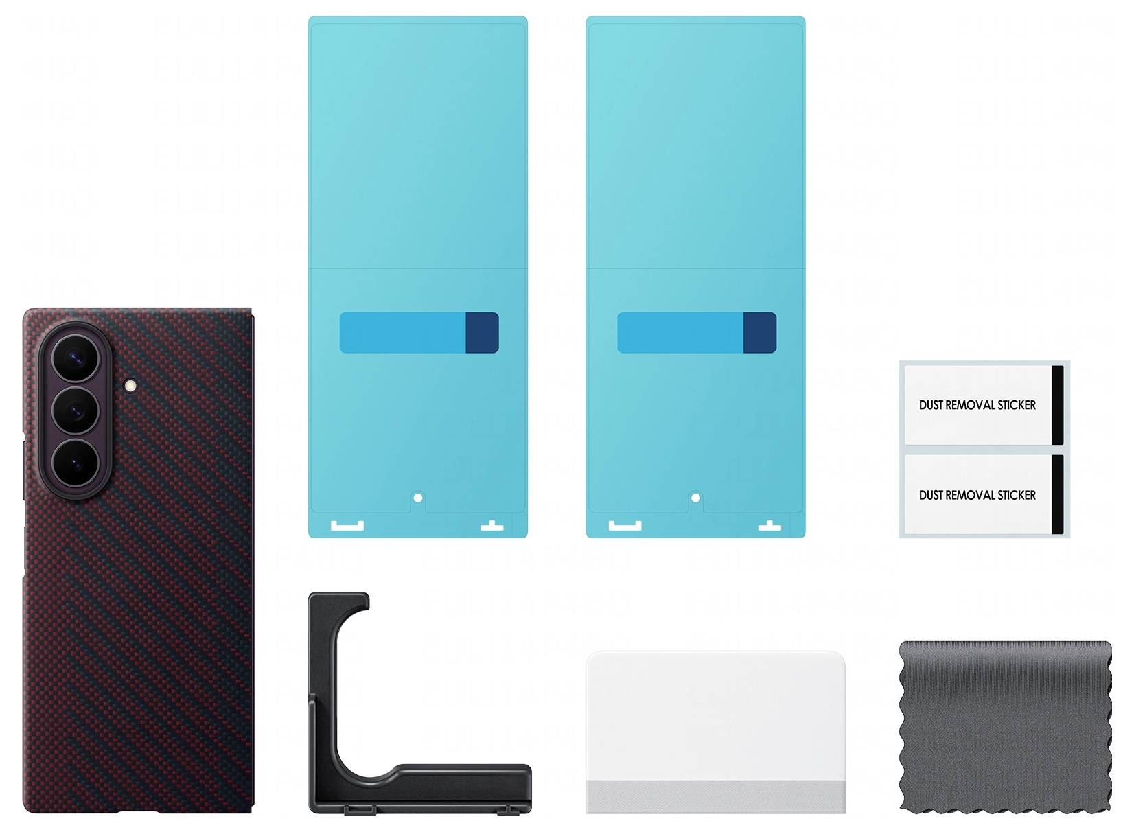 Zubehörsatz für ein Smartphone: Handyhülle im Kohlefaser-Stil, zwei blaue Displayschutzfolien, Staubentfernungssticker, eine Installationshalterung, eine weiße Karte und ein Reinigungstuch.