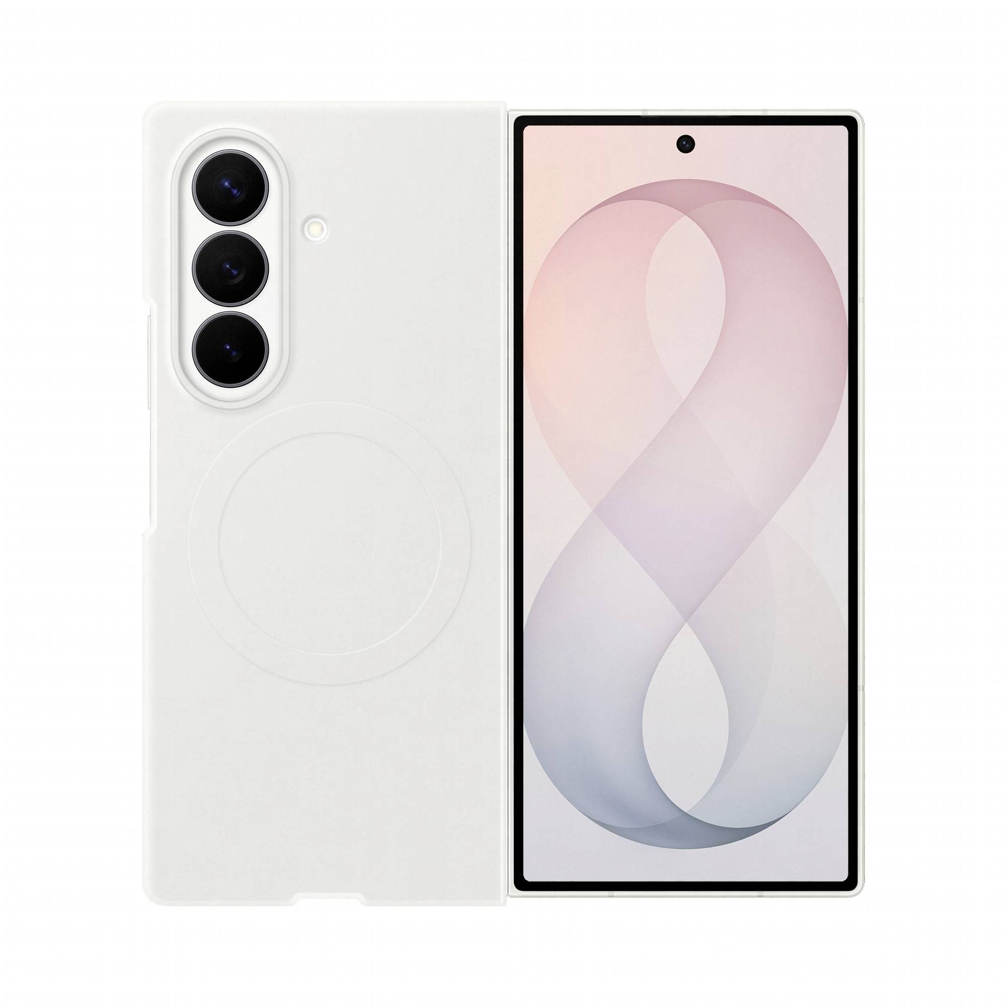 Weißes Smartphone von vorne und hinten gezeigt, mit vertikaler Triple-Rückkamera und zartem rosa abstraktem Hintergrundbild auf dem Display.