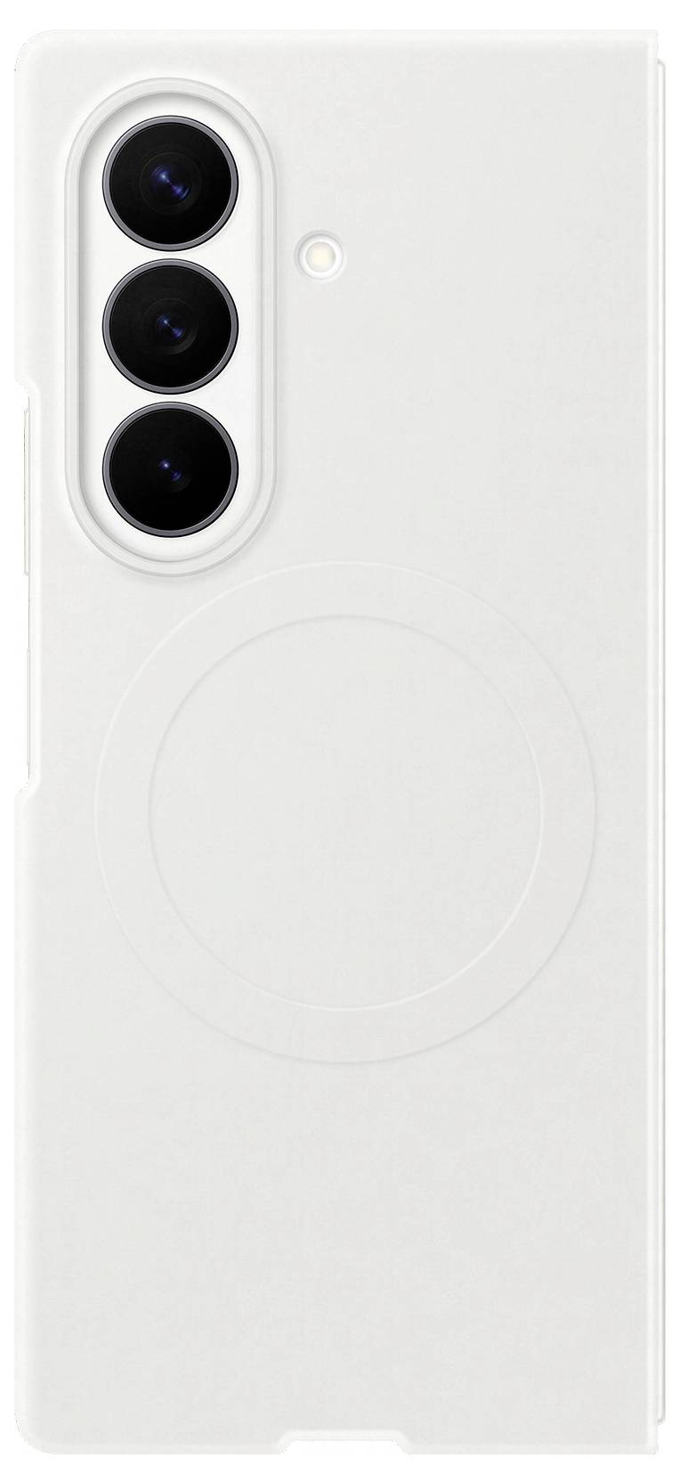 Weiße Smartphone-Hülle mit dreifachem Kameraausschnitt auf der Rückseite und zentriertem, kreisförmigem MagSafe-ähnlichem Ringdesign auf der Rückseite.