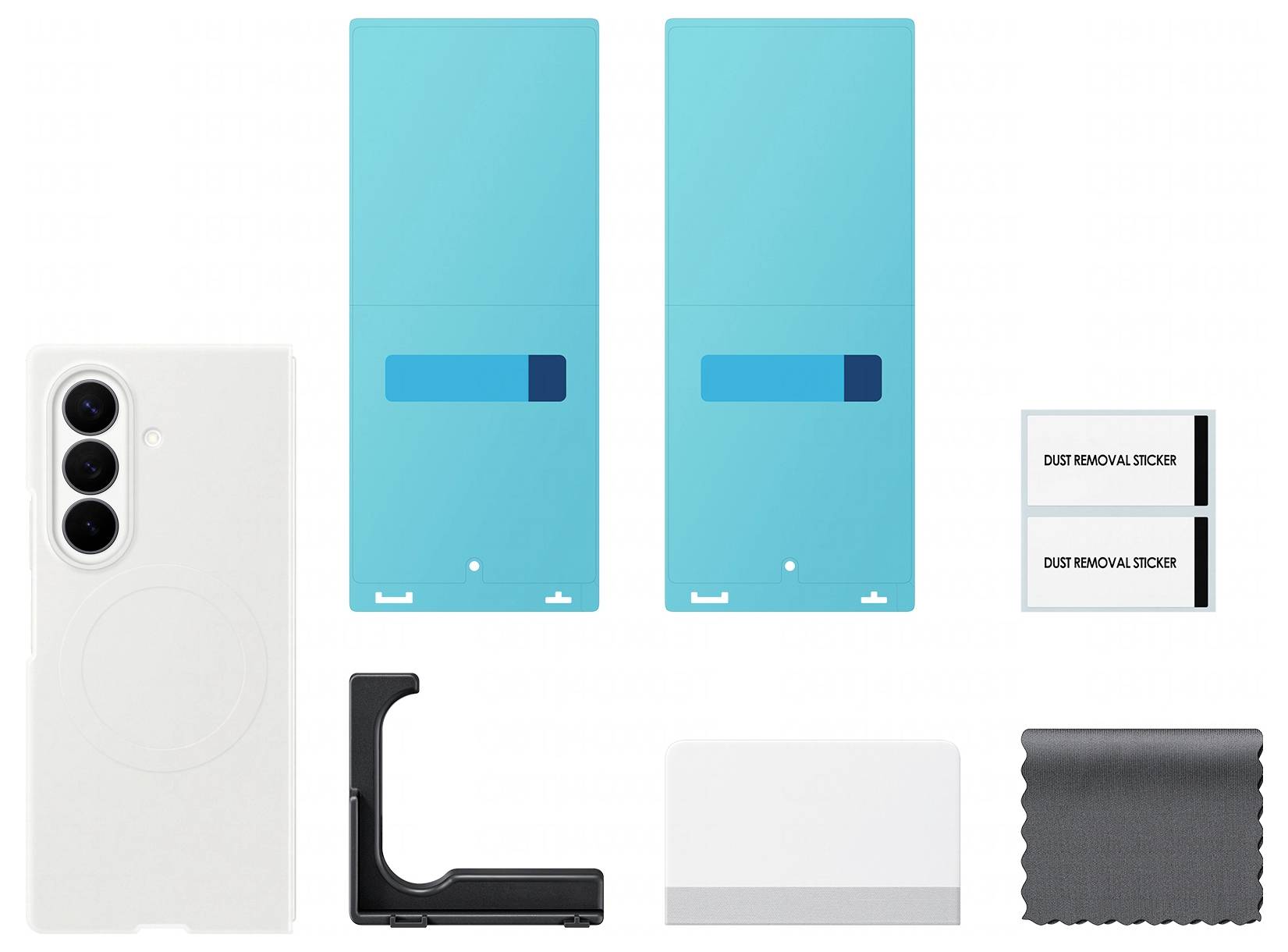Produktset für eine Handyhülle: weiße Hülle, zwei türkisfarbene Ausrichtungsschalen, Staubentfernungsaufkleber, schwarzes Werkzeug, Karte und Reinigungstuch.
