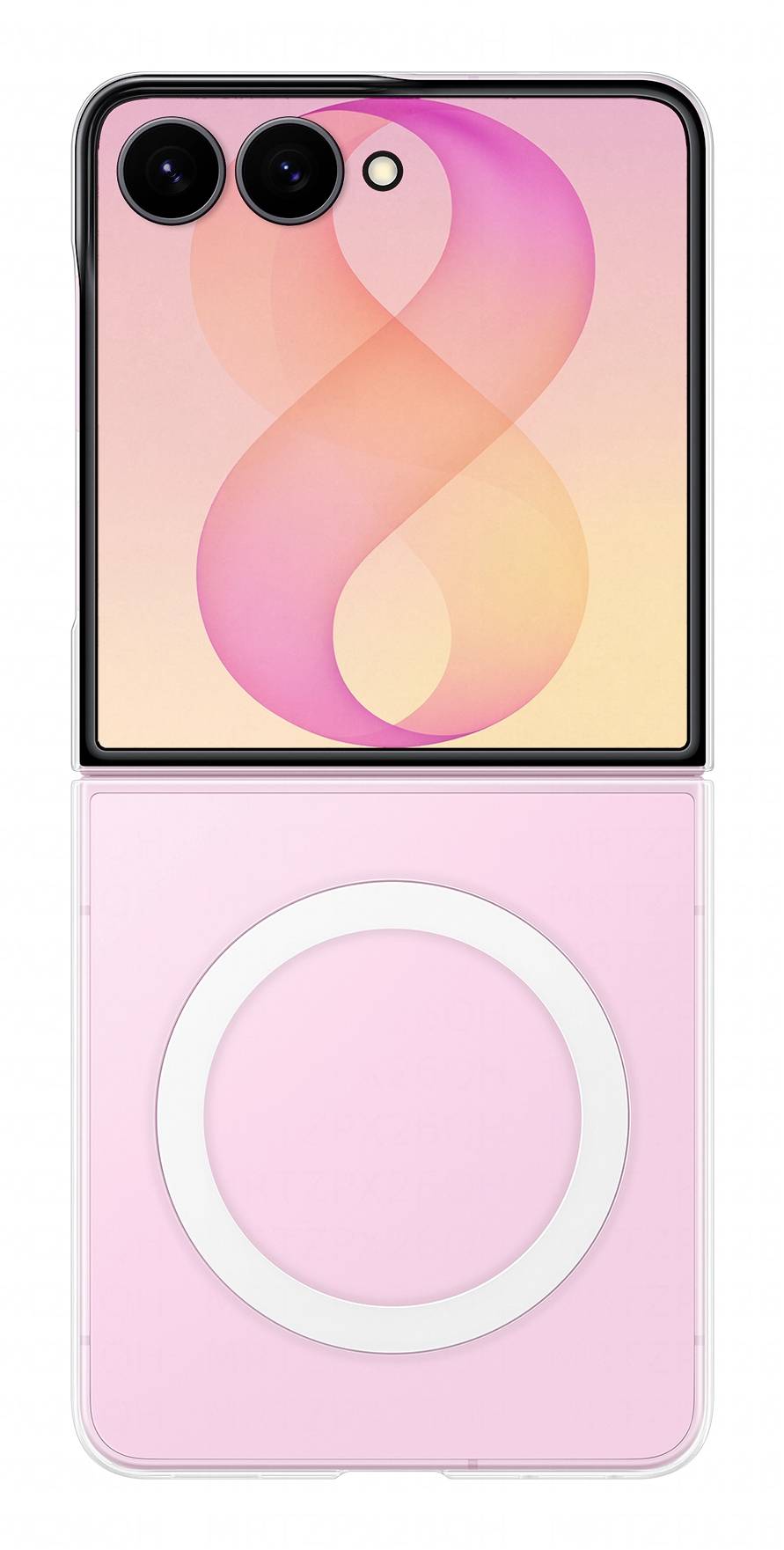 Vorder- und Rückansicht eines rosa faltbaren Smartphones mit Dual-Rückkameras und einem großen kreisförmigen Ring auf der Rückseite.