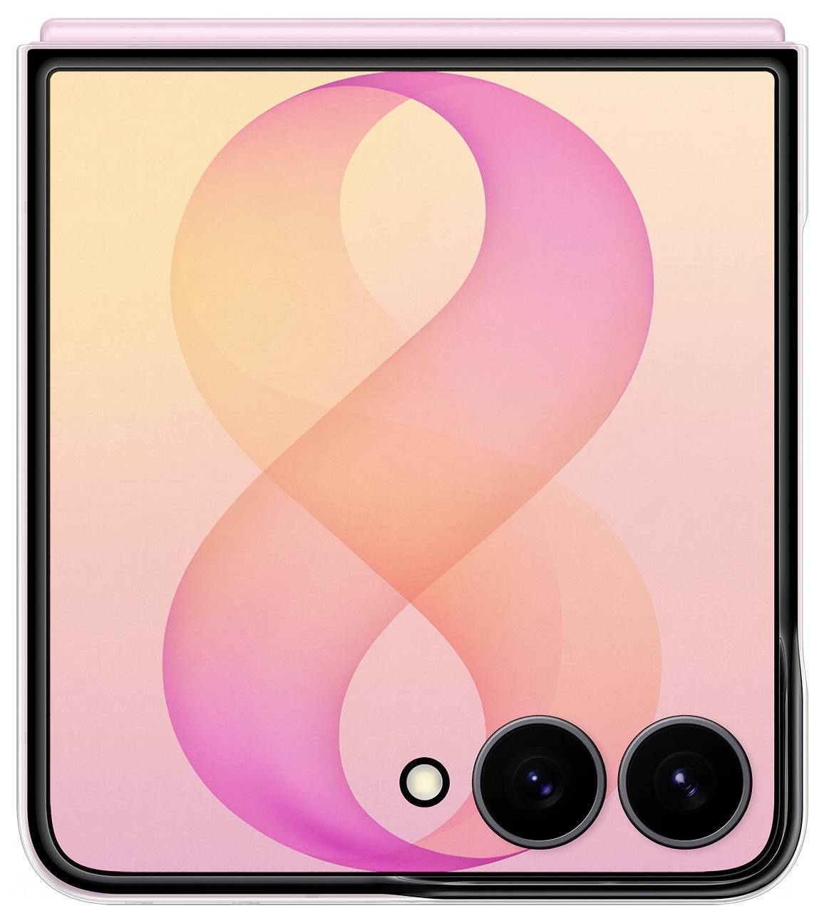 Aufklappbares Smartphone, das offen mit einem rosa Farbverlauf auf dem Bildschirm und einem großen '8'-Hintergrund angezeigt wird, mit Dual-Rückkameras und einem Blitzlicht.