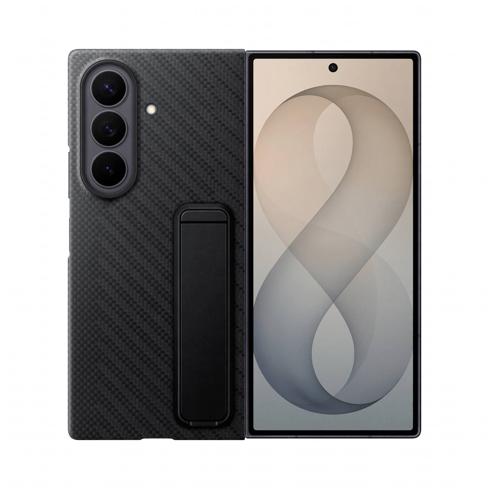 Schwarz zusammenklappbares Smartphone in geöffneter Position, mit Dreifach-Rückenkamera auf der linken Hälfte und großem inneren Display auf der rechten Seite.