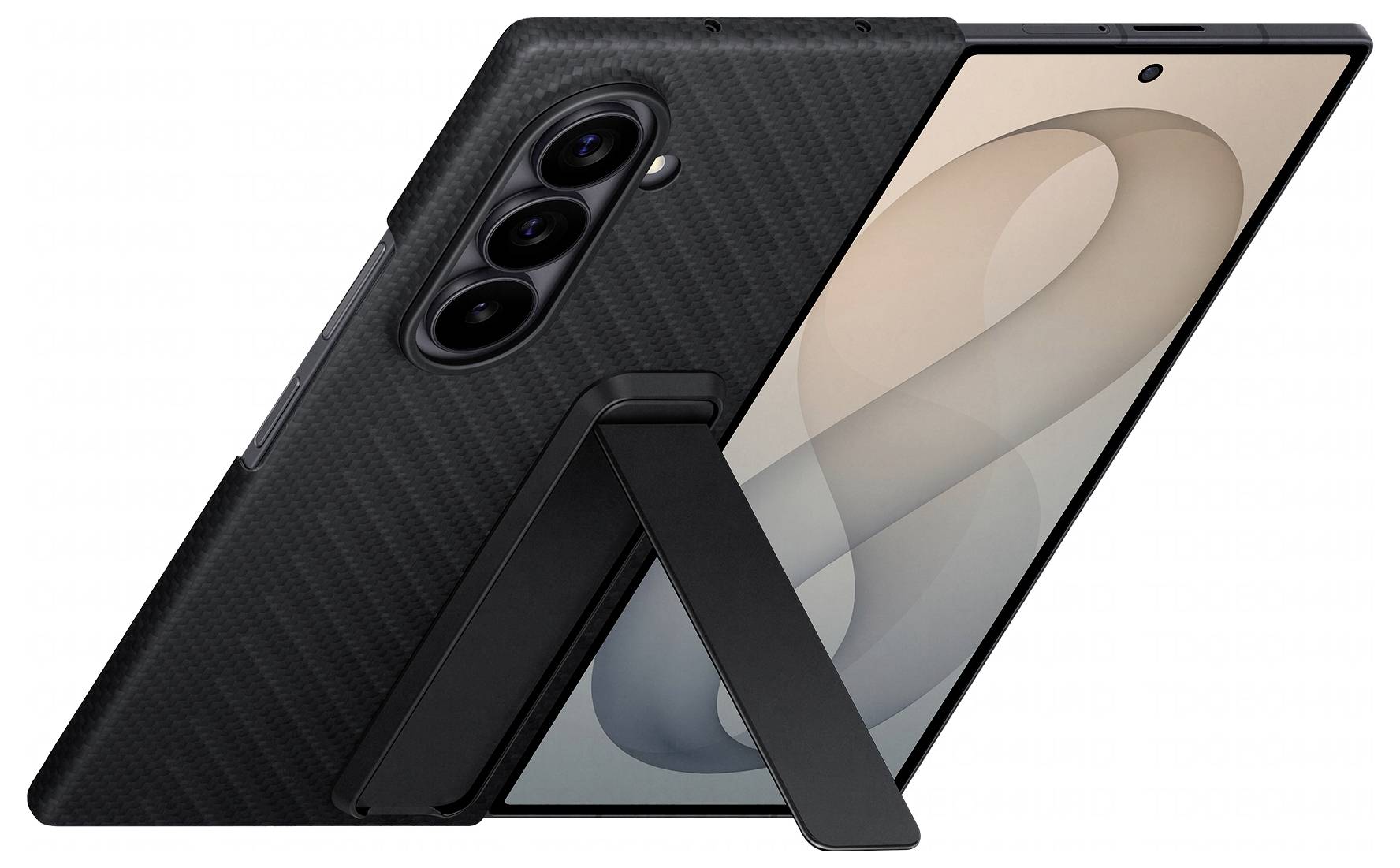 Schwarzes faltbares Smartphone, teilweise offen auf einem Ständer gezeigt, wobei sein Vorderbildschirm und die dreifachen hinteren Kameras angezeigt werden.