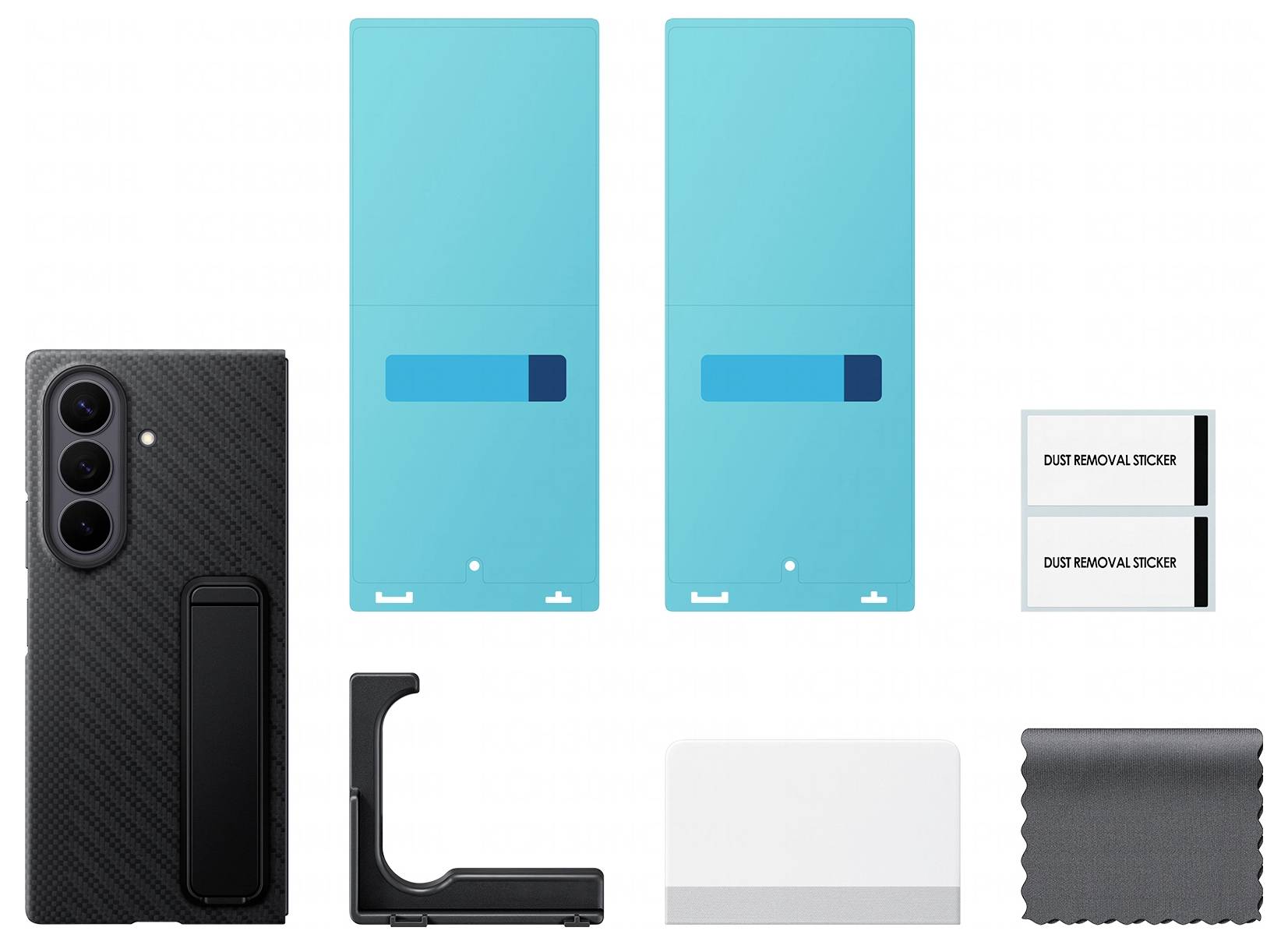 Handyhüllen-Set mit schwarzer strukturierter Hülle, zwei blauen Displayschutzfolien, Staubentfernungsstickern, Applikationswerkzeug, Reinigungstuch und Reinigungspad.