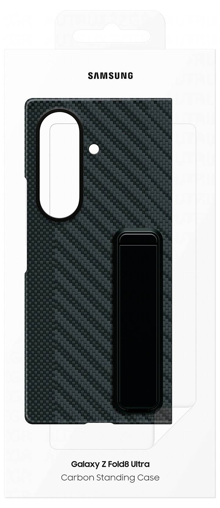 Samsung Galaxy Z Fold8 Ultra Kohlefaser Standhülle mit vertikalem Ständer-Aussparung, gezeigt auf Produktverpackung.