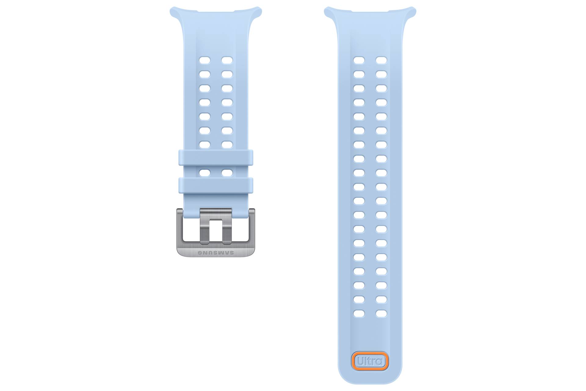Hellblaues Silikonarmband für Uhren, von vorne und hinten gezeigt, mit silberner Schließe und orangefarbenem „Ultra