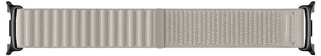 Beige verstellbarer Uhrenarmband mit schwarzen Metallösen an beiden Enden.