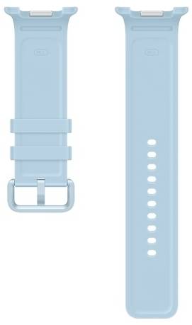 Hellblaues Silikon-Uhrenarmband von vorne und hinten gezeigt, mit verstellbaren Löchern und Metallschließe.