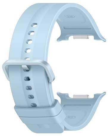 Hellblues verstellbares Smartwatch-Armband mit perforiertem Riemen und Verschluss, isoliert auf weißem Hintergrund gezeigt.