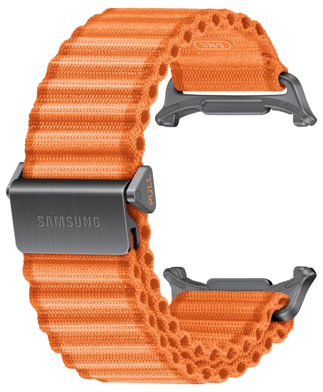 Orangefarbenes gewebtes Samsung-Smartwatch-Armband mit grauer Verschlusssperre, isoliert auf weißem Hintergrund dargestellt.