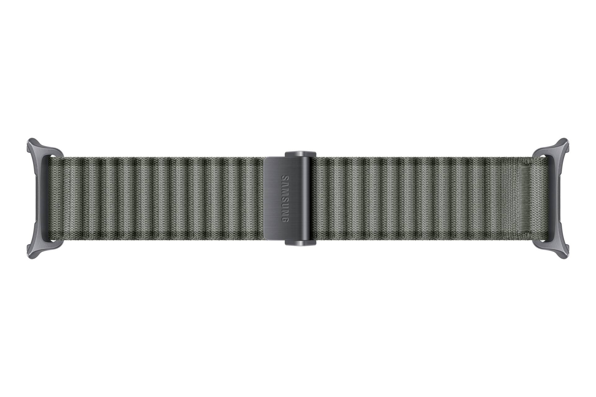 Graugrünes gewebtes Uhrenarmband mit schwarzer Samsung-Schließe, zentriert auf weißem Hintergrund dargestellt.