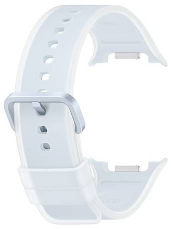 Hellblaues Smartwatch-Armband mit silberner Schnalle und mehreren Verstelllöchern, isoliert auf weißem Hintergrund dargestellt.