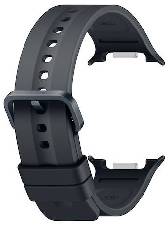 Schwarzes Silikon-Smartwatch-Armband mit Metallverschluss, isoliert auf weißem Hintergrund dargestellt.