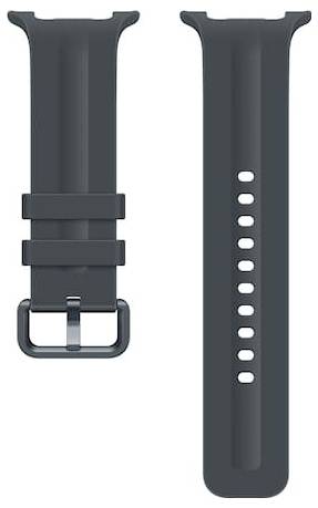 Schwarzes Smartwatch-Armband mit Schnallenverschluss und mehreren Größenverstellungslöchern, gezeigt von Vorder- und Rückansicht.