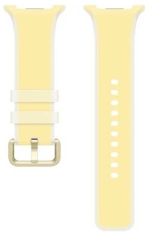 Zwei Ansichten eines gelben Uhrenarmbands mit einer goldfarbenen Schließe und Verstelllöchern, von vorne und hinten gezeigt.