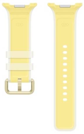 Gelbes Silikonuhrenarmband von vorne und hinten gezeigt, mit Metallschnalle und Verstelllöchern.