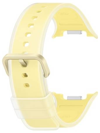 Gelbes Silikon-Smartwatch-Armband mit durchscheinendem Verschluss und Spange, isoliert auf weißem Hintergrund dargestellt.