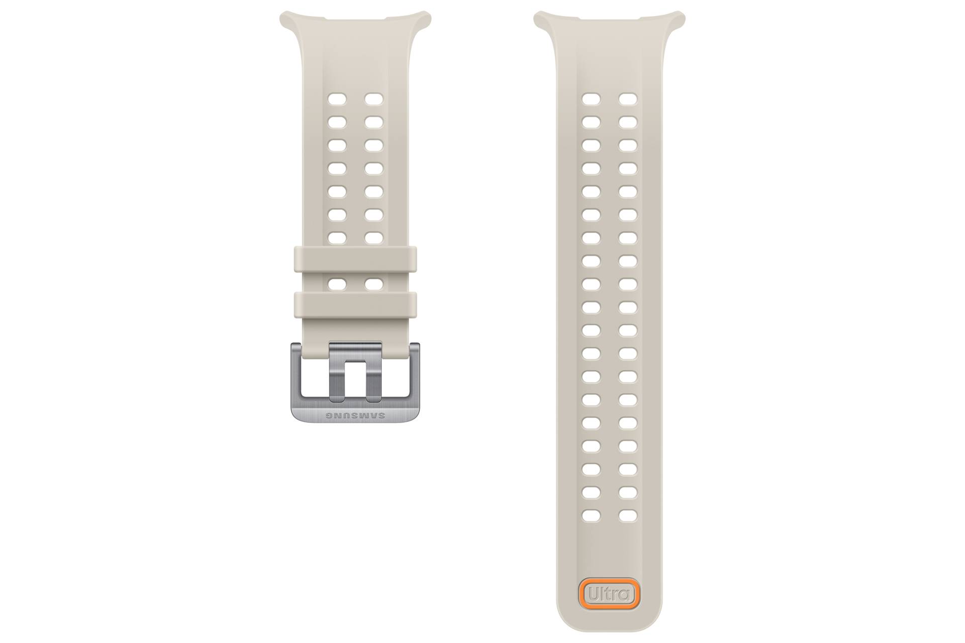 Beigefarbenes Silikon-Uhrenarmband mit silberner Schnalle, vorne und hinten auf weißem Hintergrund gezeigt, mit der Beschriftung Ultra am Ende.