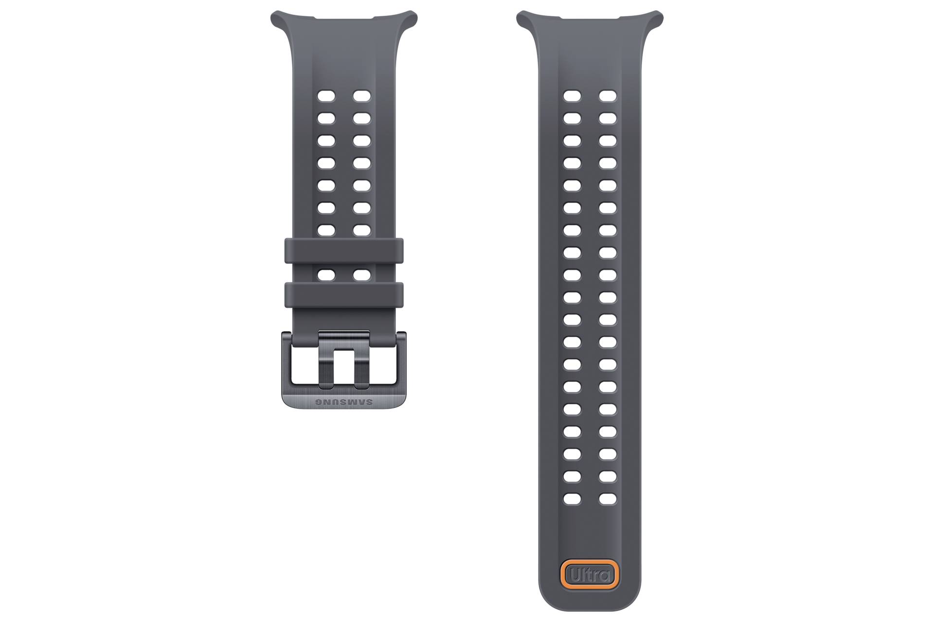 Schwarzes perforiertes Uhrenarmband, vorne und hinten gezeigt, mit einer Metallschnalle und orangefarbenem 'ultra' Logo am Ende des Armbands.