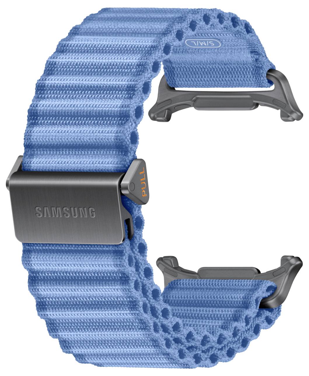Blaugewebtes Smartwatch-Armband mit schwarzen Anschlüssen, dargestellt in einer gebogenen offenen C-Form auf weißem Hintergrund.
