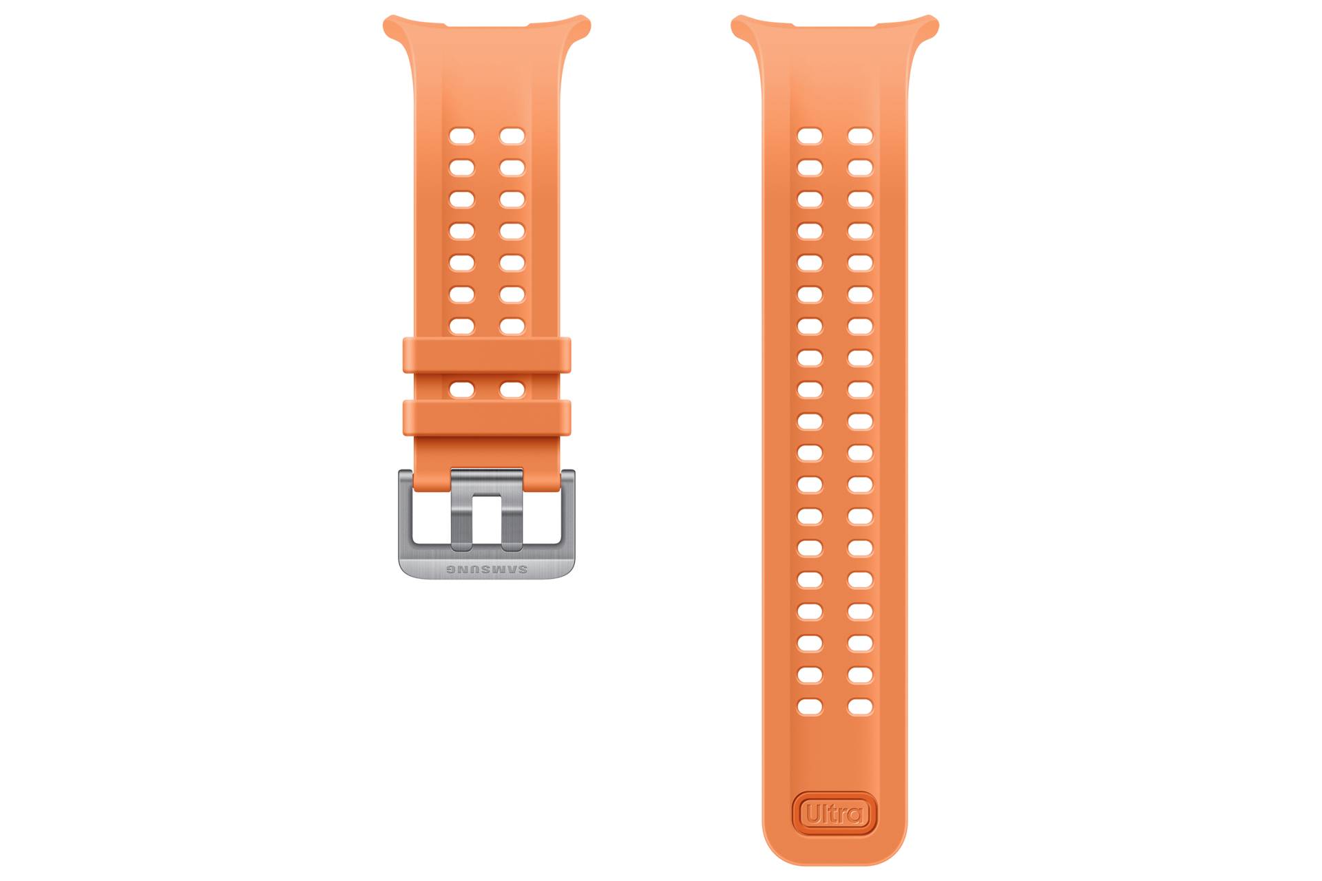 Orangenes Silikonarmband mit silbernem Verschluss, von vorne und hinten auf weißem Hintergrund dargestellt.