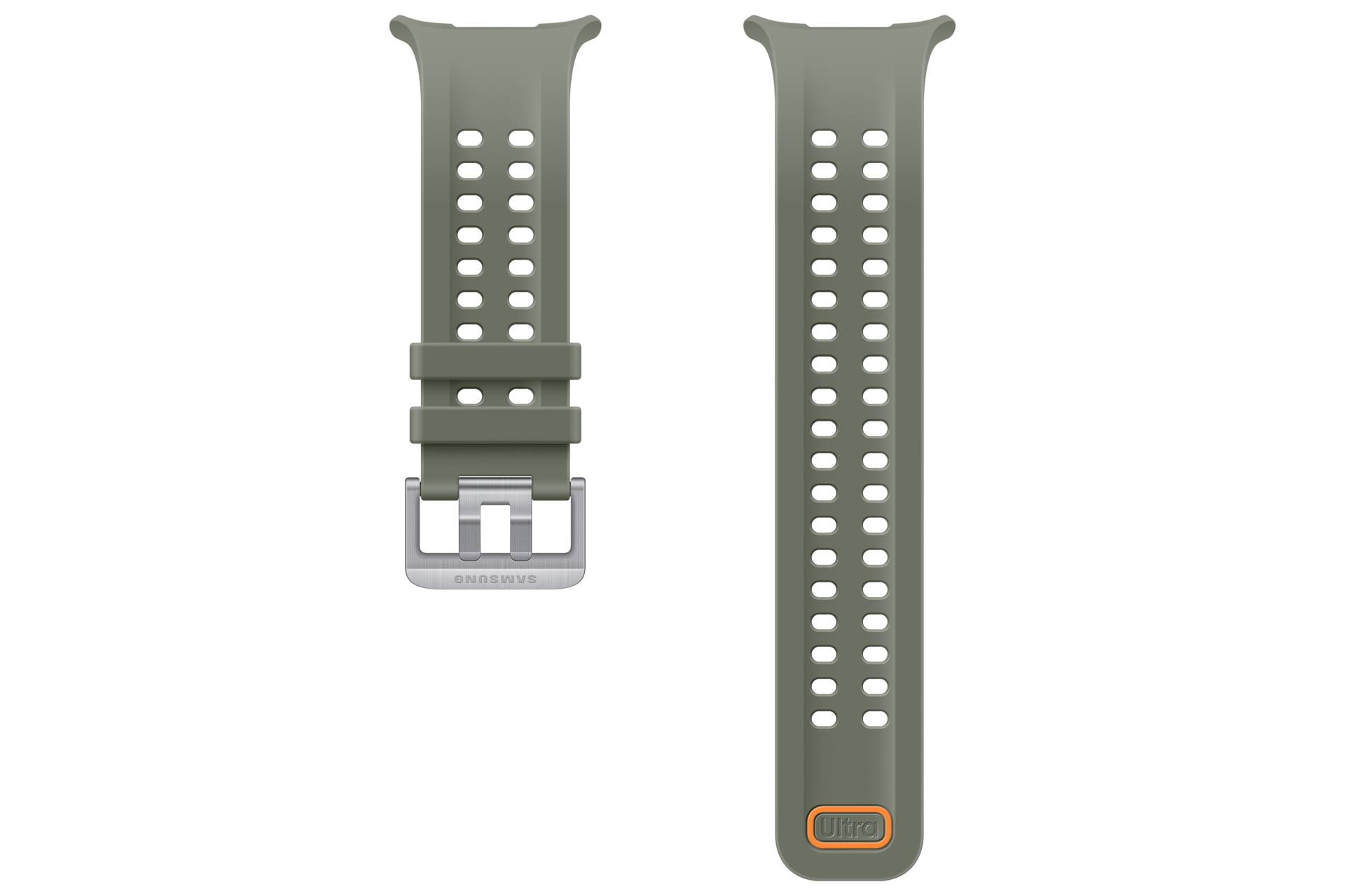 Zwei olivgrüne Smartwatch-Armbänder werden nebeneinander gezeigt, eines mit einer silbernen Schnalle und Schlaufen, das andere ein langes Band mit einem orangeumrandeten Logo in der Nähe des Endes.