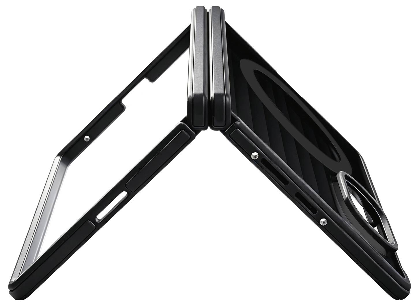 Schwarzer klappbarer Tablet- oder Laptop-Ständer, der in einer V-Form auf weißem Hintergrund offen gezeigt wird.