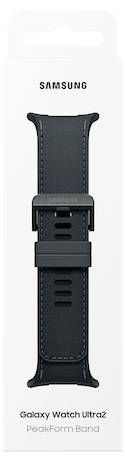Samsung Galaxy Watch Ultra2 PeakForm Band auf Einzelhandelverpackung gezeigt, mit einem schwarzen verstellbaren Uhrenarmband zentriert auf einer weißen Schachtel.