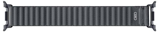 Schwarzes gewebtes Nylon-Uhrenbänder mit Metallschnalle und Verbindern, horizontal auf weißem Hintergrund dargestellt.