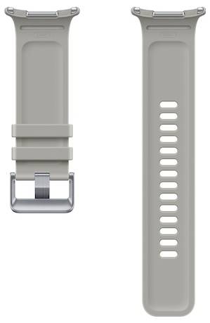 Graues Silikon-Smartwatch-Armband von vorne und hinten gezeigt, mit Metallschnalle und mehreren Verstellungslöchern.