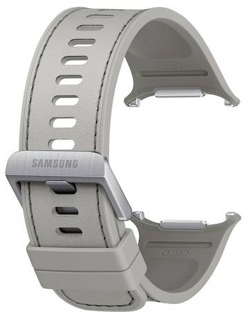 Graues Samsung-Smartwatch-Armband mit perforiertem Riemen und Schnallenverschluss, offen vor weißem Hintergrund gezeigt.
