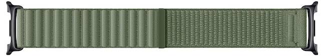 Grünes Nylon-Uhrenarmband mit schwarzen Endverbindungen und einer Schlaufe in der Mitte zum Festhalten.