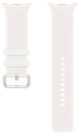 Hellbeiges Smartwatch-Armband von vorne und hinten gezeigt, mit Metallschnalle und Verstelllöchern.