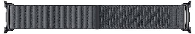 Ein schwarzes verstellbares Uhrenarmband mit einer gerippten Webstruktur und Metallverbindern an jedem Ende.