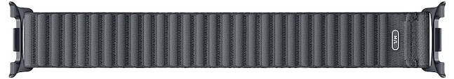 Schwarzes Apple Watch Armband mit gerippter Textur und silbernen Steckverbindern, horizontal auf weißem Hintergrund gezeigt.