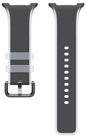 Graues Silikonarmband für Uhren, Vorder- und Rückseite gezeigt, mit Metallschnalle und mehreren Verstelllöchern.
