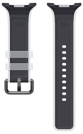 Zwei Ansichten eines schwarzen Smartwatch-Armbands, die die Schnallenseite und die Seite mit den Lochern zur Verstellung zeigen.