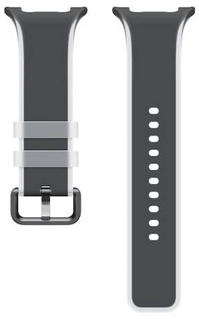 Dunkelgraues Smartwatch-Armband mit silberner Schnalle und zwei Schlaufen, gezeigt in Vorder- und Rückansicht.
